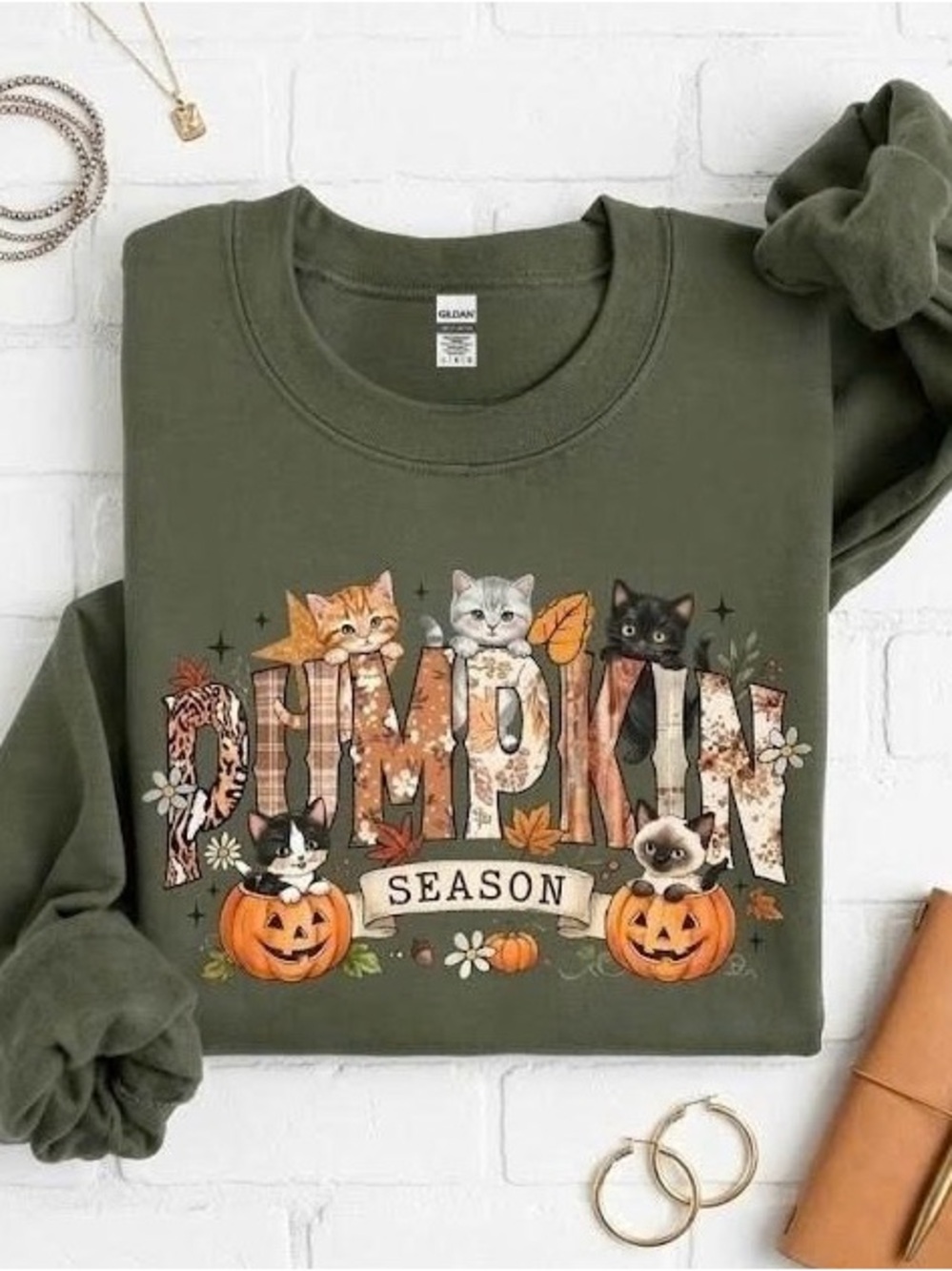 Cute Cat Pumpkin Season Fall Crewneck Sweatshirt Olive Green